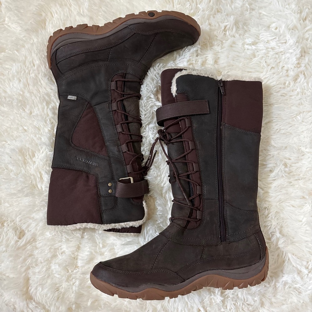 Merrell Bracken Waterproof Winter Boots Brown Leather Faux Fur J02160 Womens 9